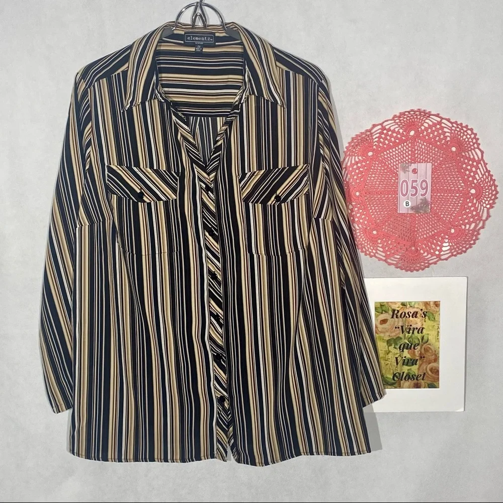 Elementz Stipped Blouse Roll-up Long Sleeve w/tab Brown, Tan, White 2X - Picture 2 of 10